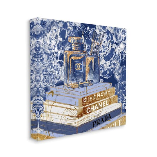Stupell Industries Fashion Book Pile Glam Designer Accessories Blue Gold Canvas Wall Art